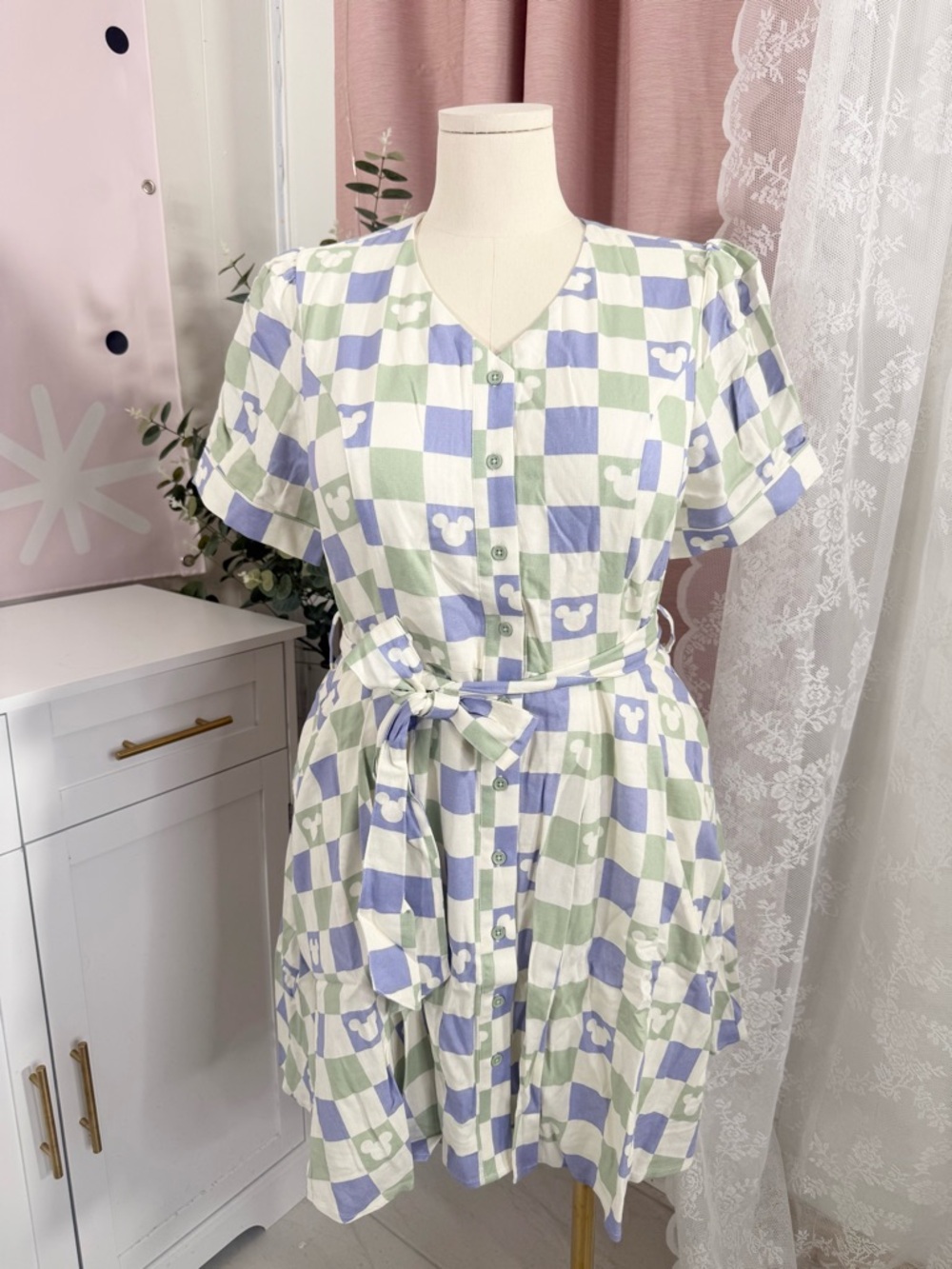 Her Universe White, Light Blue & Light Green Checkerboard Mini Dress